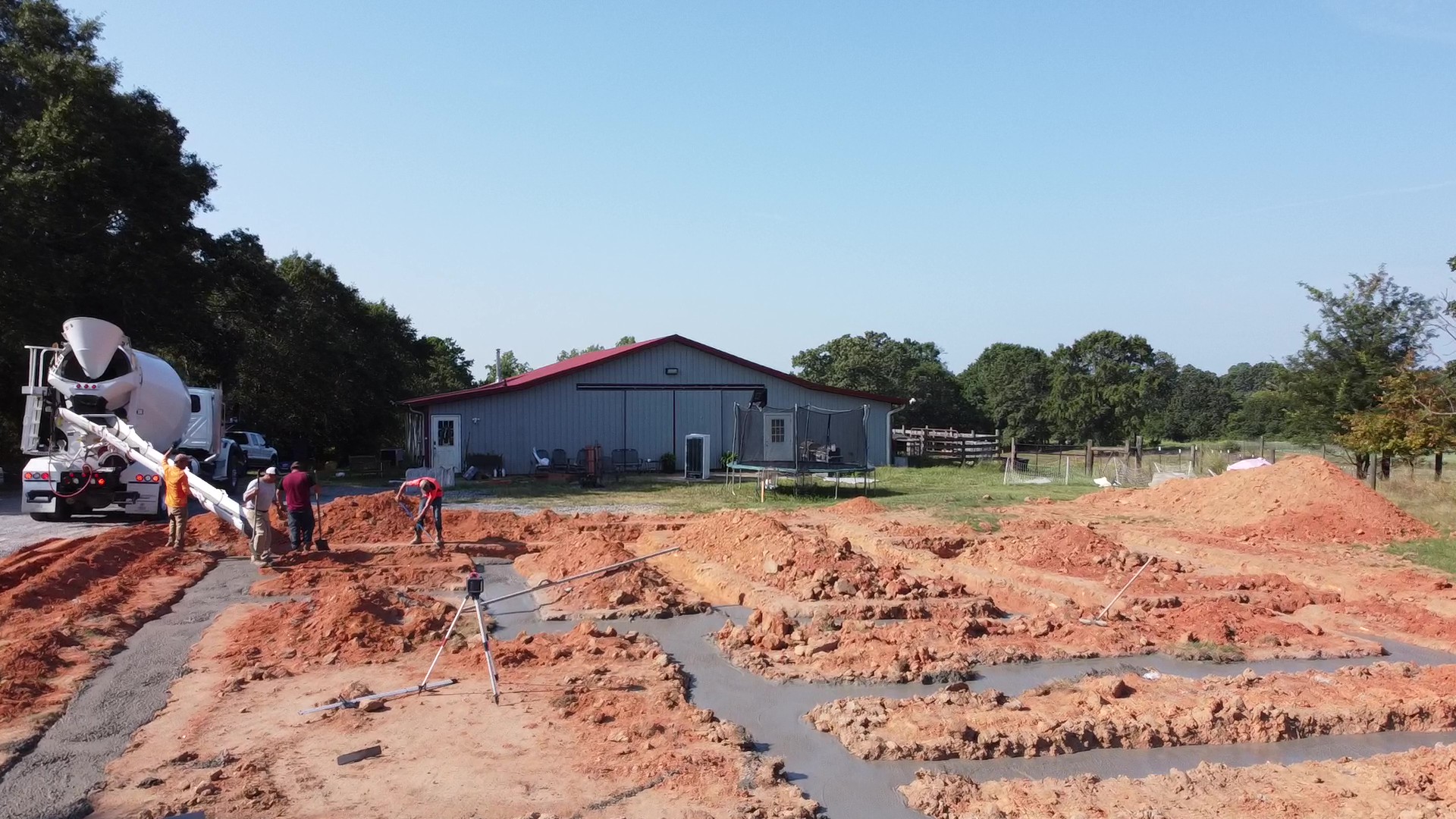 Wide view of a concrete footing pour